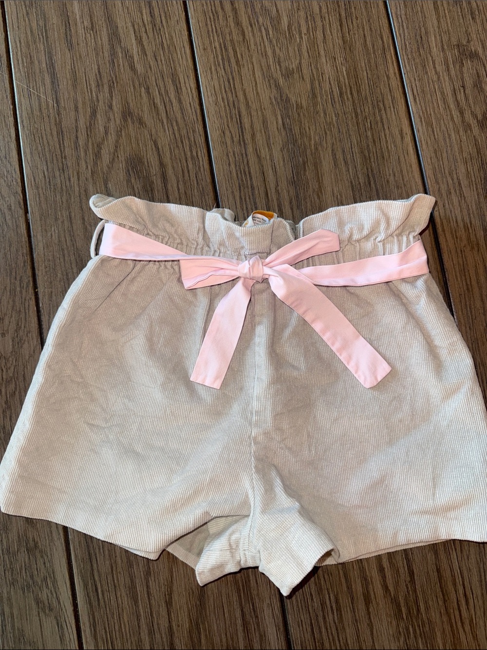 Girls Cream Corduroy Paperbag Shorts with Pink Bow